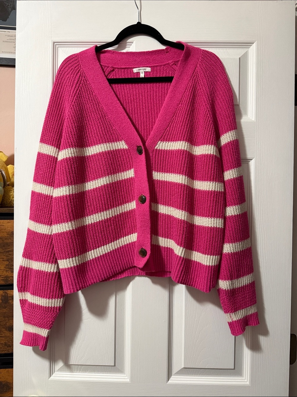 Maurices Hot Pink Striped Raglan Cropped Button Down Cardigan